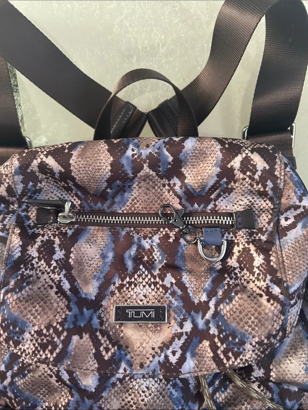 Tumi Snake-Print Backpack in Brown and Blue